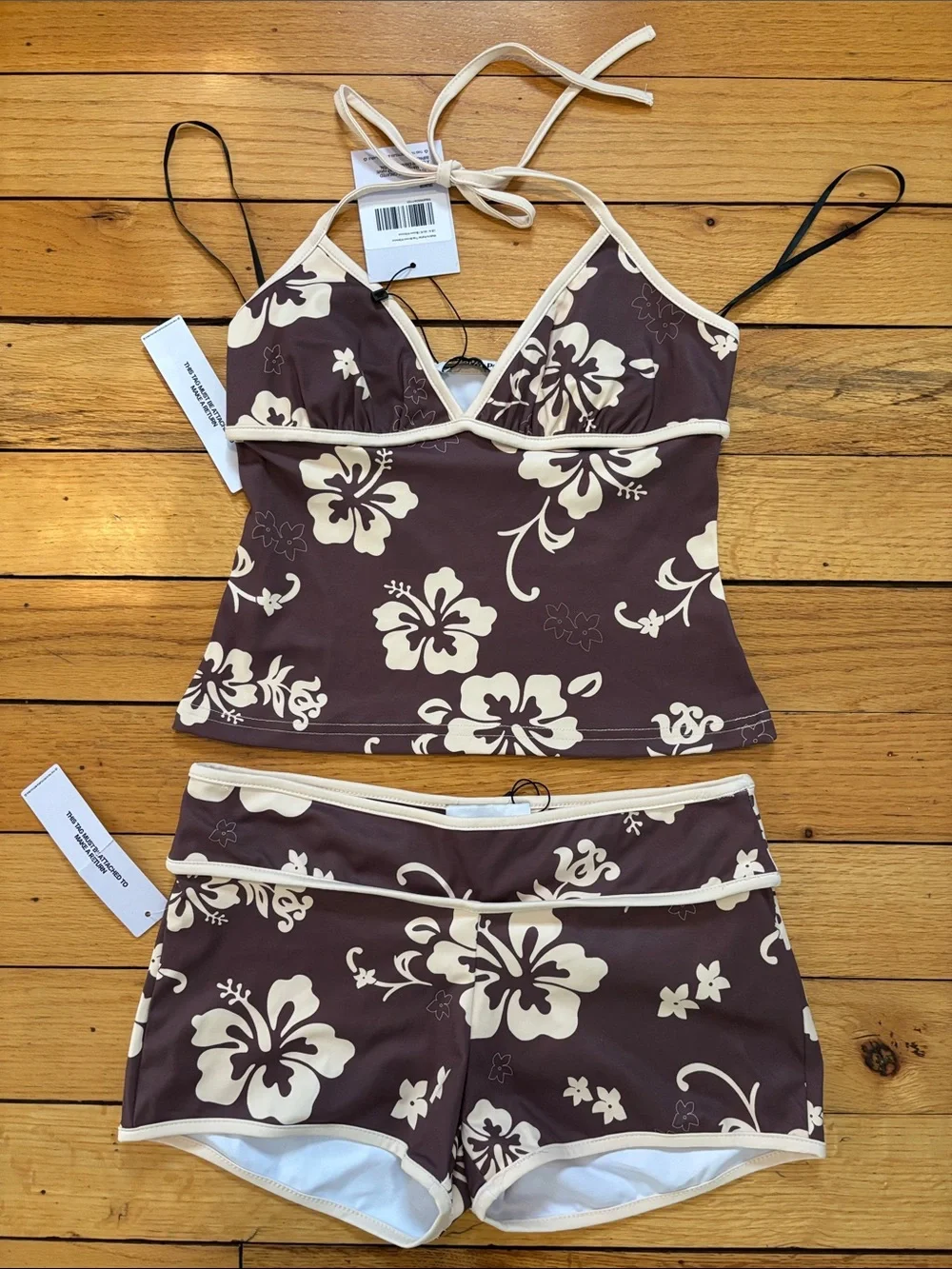 Princess Polly Brown and Cream Floral Bikini Top and Boy shorts